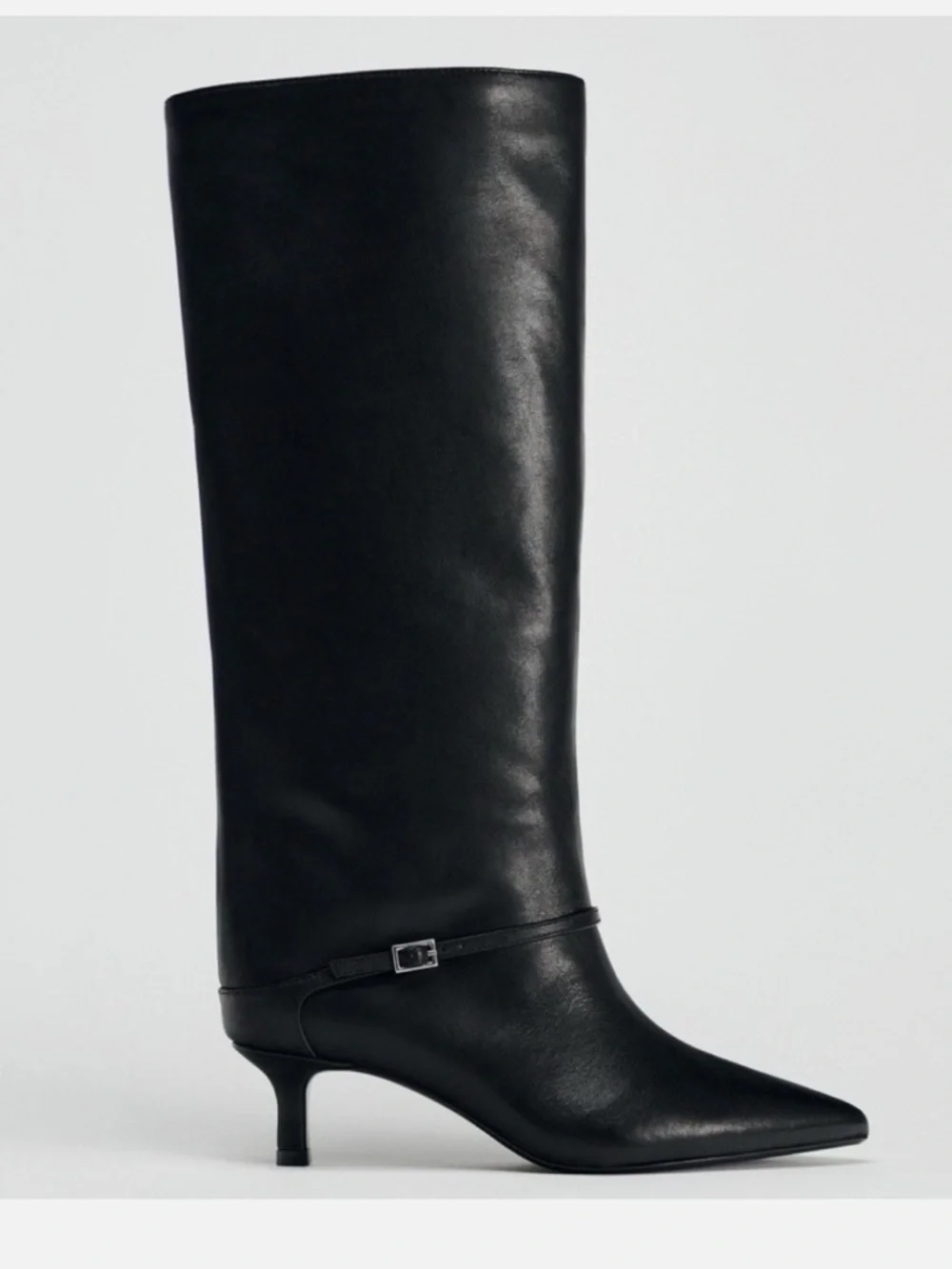 Zara Leather Kitten Heel Knee High Black Boots With Buckle - Picture 2 of 6